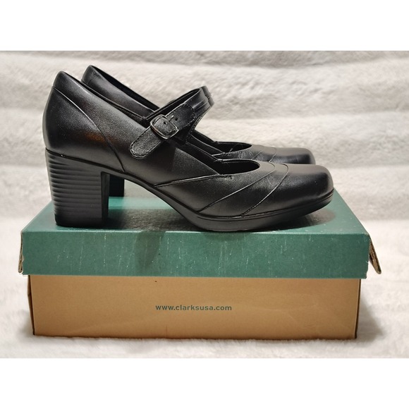 Clarks Womens Mary Jane Pump Size 8 M Black Leather Block Heel Retro Shoes - Picture 1 of 8